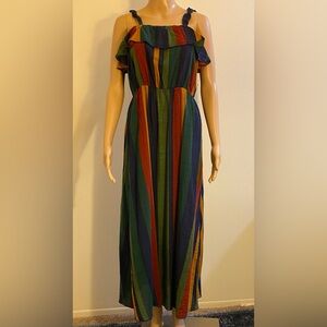 SHEIN Colorful Blue, Green, Cranberry, Yellow Striped Sleeveless Summer Dress